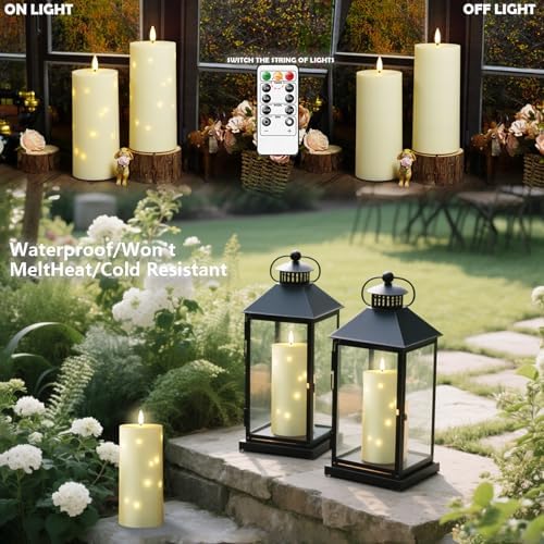 kakoya 10" x 4" Large Outdoor Waterproof Flickering Flameless Candles with Timer,4Pcs Battery Operated LED Pillar Candles with Embedded Star String for Outdoor Lanterns,Porch,Patio Decor(Ivory) - Image 2