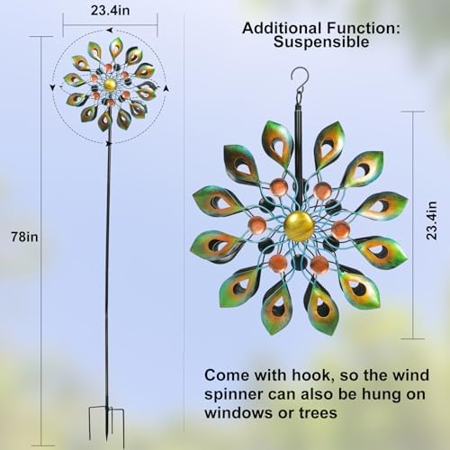 DIBIEECN Metal Outdoor Wind Spinners for Yard and Garden, Peacock, 78 Inch - Image 4