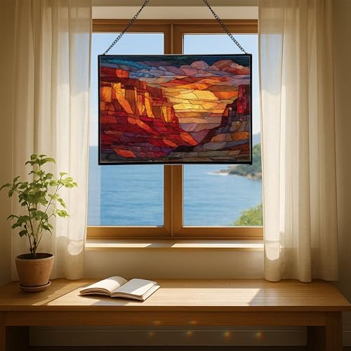 Sunrise Breaking Over Canyon Ridge Rectangular Stained Glass Suncatcher – Hanging Window Panel with Animal & Nature Scene – Vibrant Glass Art Gift for Wildlife, Fantasy, Nature Lovers eyk23X - Image 6