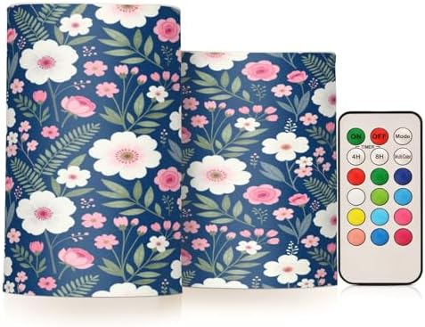 Boho Navy Blue and Pink Floral Flameless Candles with Remote Control Candles with Timer Waterproof Electronic Lights Glitter Led for Night Battery Operated Pillar 2-Piecing Set by famyily