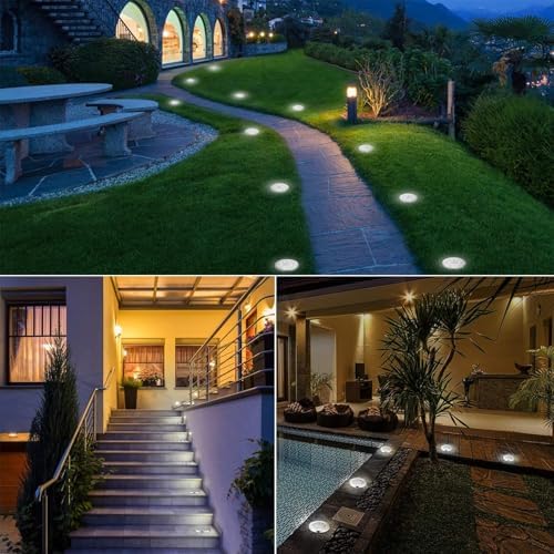 12 Solar Ground Lights Outdoor, IP68 Waterproof Garden Upgrade Outdoor Light LED Landscape Lighting Solar Disc Lights for Patio Pathway Yard, Paths, Decks, Lawns, Driveway, Walkway(White) - Image 7