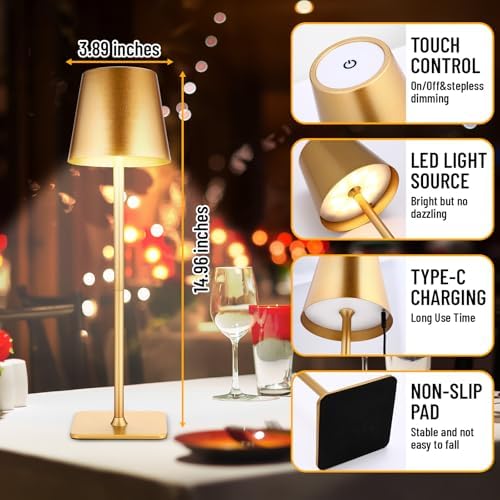 Retisee 6 Pack Cordless Table Lamp Portable Rechargeable Lamps, Gold - Image 2