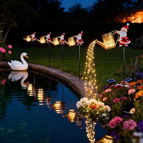 2 Pcs Solar Santa Claus Kettle Lights Santa Claus Watering Can Light Vintage Metal Garden Lawn Decorative Lights Solar Kettle Night Light with LED String Outdoor Garden Decor for Pathway Yard Patio - Image 6
