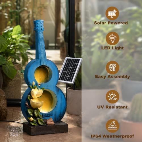 38.2" H Solar Outdoor Water Fountain with LED Lights, Guitar Design Cascading Water Feature for Garden Patio Backyard Porch Yard Decor - Image 3