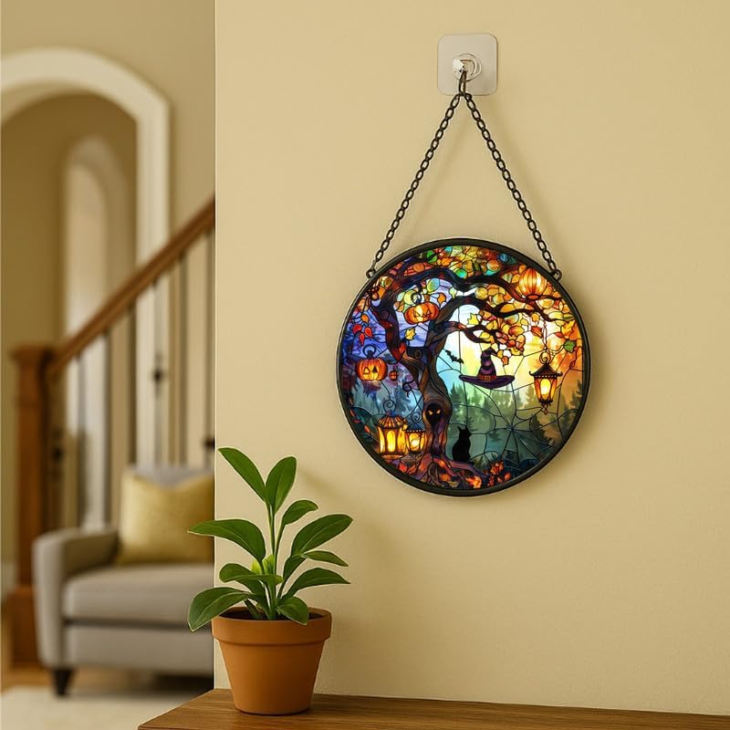 Stained Glass Window Hanging - 11.8in Pumpkin Lanterns and Black Cat Under Magic Tree with Witch Hat Sun Catchers Panel for Indoor Decorative Display for Mom, Wife, Lovers, Festive - Image 6