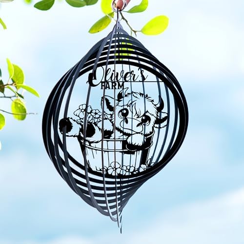 Personalized Wind Spinner Sublimation Hummingbird Custom Name Flowers Metal Art Laser Cut Design 3D Decor for Garden Yard Outdoor Indoor Lawn Patio Porch Birds Lover Presents (Cute Cow) by Handmadetneonsign