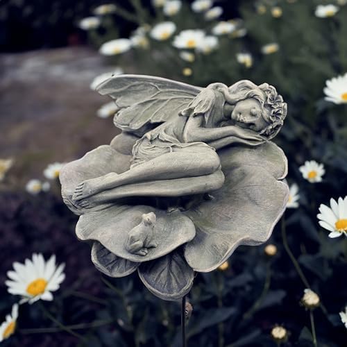 Garden Fairy Statue,Garden Sleeping Angel on Lotus Leaf with Bird Feeder Feature Outdoor Decor Sculptures Figurine Gardening Lawn by HvFun