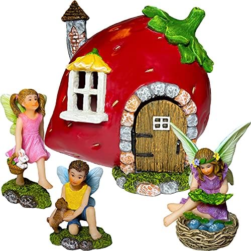 Mood Lab Fairy Garden Figurines - Strawberry House Set (4 pcs) - Miniature Decorative Statues & Accessories - Outdoor & Indoor Garden Decor by MoodLab