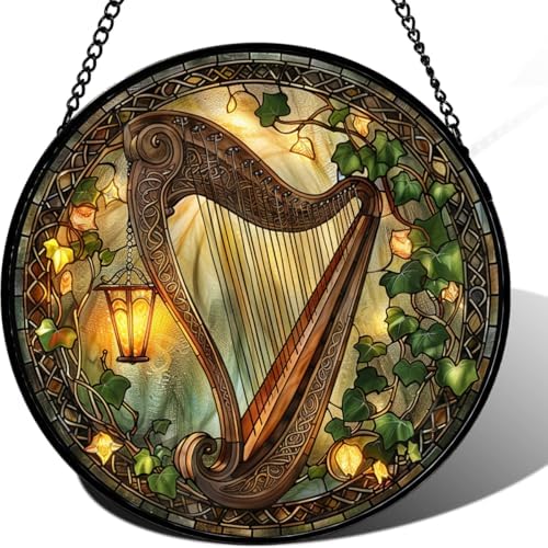 9.84 Inch Stained Glass Window Hanging Lantern Ivy Harp Suncatcher Diamond Glass Panel Hangings Sun Catchers Decor for Birthday for Women Men Wife Aunt and Mom by Unknown