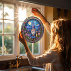 Gnome Holding Lantern Amidst Flowers and Moon Stained Glass Suncatcher 12in - Image 3