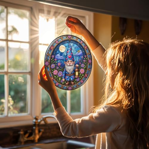 Gnome Holding Lantern Amidst Flowers and Moon Stained Glass Suncatcher 12in - Image 3