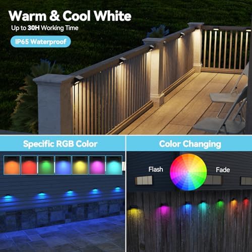 Bridika Solar Fence Lights, Outdoor Waterproof Warm White & Color Glowt, LED, for Backyard, Patio, Deck Railing, Stair Handrail, Pool and Wall (8 Packs) - Image 2