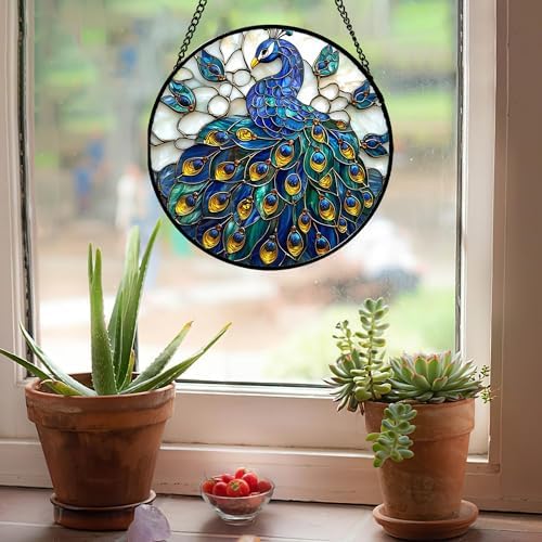 Blue Peacock Stained Glass Window Hanging Suncatcher Gifts for Women 15" - Image 4