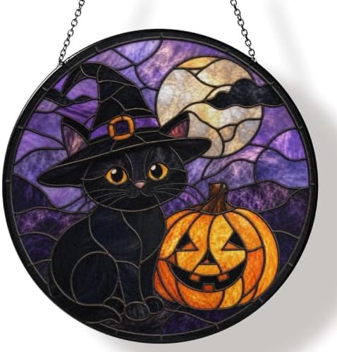 Blact Cat Witch Hat Halloween Stained Glass Suncatcher 9.8" Colorful Window Hanging Ornament, Retro Sun Catcher Decor with Chain for Home Wall Garden Birthday Christmas Mothers Day by FeHuew