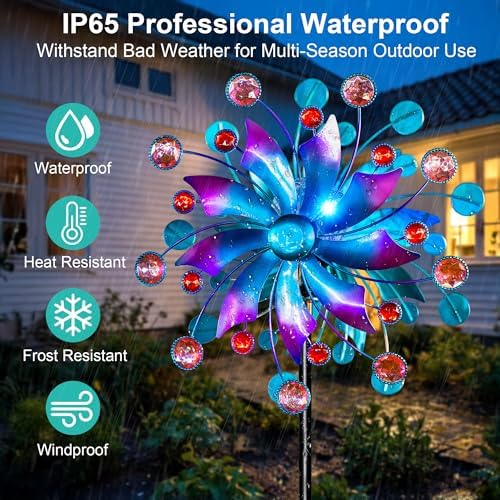 360°Solar Wind Spinner with Lights Blue Metal Garden Outdoor Decor Yard Lawn Art Decor for Patio Kinetic Windmills Unique Gifts for Friends and Family 60.63'' H x 13.38'' Dia - Image 3