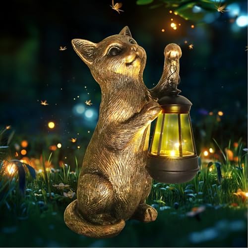 HONGLAND Cat Outdoor Statues Garden Decor, Cat Figurines Solar Lantern Lights, Birthday Gifts for Mom, Front Patio Balcony Yard Art Lawn Ornaments Porch Outdoor Decorations by HONGLAND