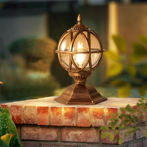 Outdoor Post Caps Lights Fixture Exterior Post Mount Column Lights IP55 Waterproof Pillar Lamps Fence Deck Caps Lanterns With Globe Amber Glass Landscape Lighting Yard Porch Gate Bollard Pedestal Lamp by SLAWA