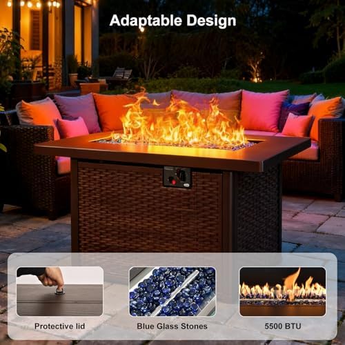 42" Propane Fire Pit, Outdoor Wicker Fire Pit Tables Rectangular Tabletop with Blue Glass Stones, 50000 BTU w/CSA-Certified and Tables for Outside Patio, Backard (Brown) - Image 7