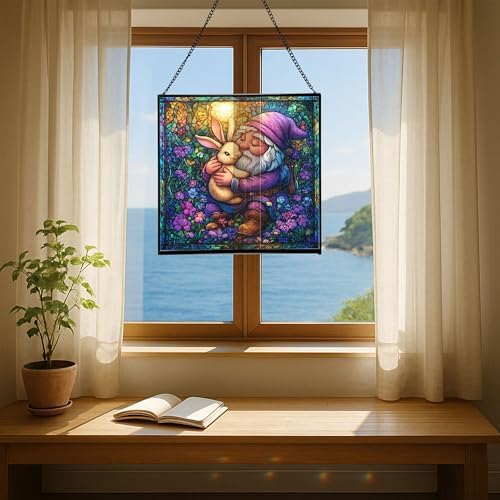 Bunny Friend Gnome Stained Glass Suncatcher – Square Hanging Window Panel for Home or Greenhouse – Whimsical Glass Art Gift for Garden Lovers, Christmas, Halloween, Father Days Yzi8g9 - Image 6