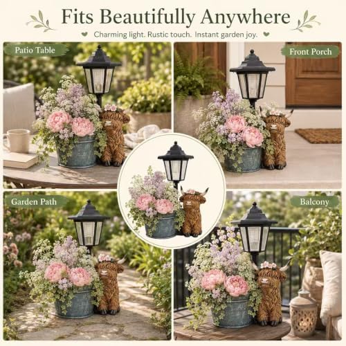 Solar Power Cow Outdoor Statue with Planter & Solar Lantern - Image 4