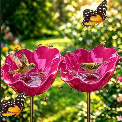 Dots Bee Blossoms for Water, 2PCS Poppy Bird Bath Stake, Outdoor Pollinator Handmade Metal Flower Garden Stake, Mini Bird Bath & Bee Watering Station for Outdoor Garden Courtyard Decor (Pink) by lfjfaecx