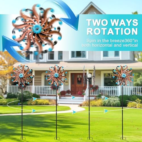360°Solar Wind Spinners for Yard and Garden - Outdoor Metal Wind Sculptures & Spinners, Vintage Copper Blue Kinetic Art with Solar Powered LED Multi-Color Glass Ball Lights for Patio, Lawn Decor - Image 3