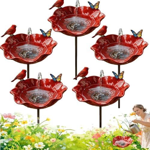 Flower Garden Stake Metal Bird Bath with Bee Watering Station, 3 in 1 Handmade Pollinator Feeder for Outdoor Yard Decor(Bright Red Poppy,3) by Unknown