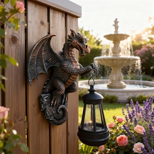 Outdoor Solar Dragon Statue Tree Hugger with Solar Lantern Garden Decor, 9-inch Dragon Garden Statues Outdoor Patio Lawn, Fence Decoration, Gargoyle Statues Outdoor with LED Light, Gifts for Mom - Image 4