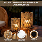 Rattan Boho Hurricane Candle Holder: Set of 2 Pillar Candle Holders with Glass Lanterns Cylinders—Farmhouse Decorative for Living Room, Table Centerpiece - Image 3