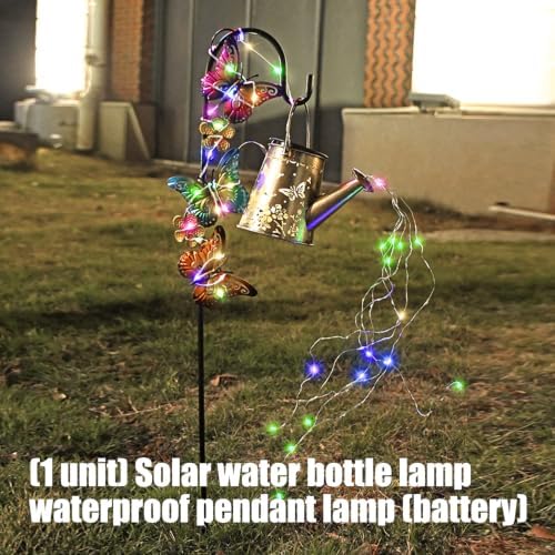 Solar Garden Light, Watering Can Lights Outdoor Solar Butterfly Light Outdoor Hanging Watering Can with Hook Decorative Garden with Stakes for Outside Yard Decorations Pathway Decor - Image 3