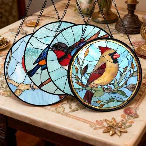 Stained Glass Window Hanging 4 Pcs Set Cardinal Blue Birds 9.8" - Suncatcher Door Garden Sun Catcher Decor Birthday Mother's Day for Bird Lovers Men Woman Nana Friend - Image 2