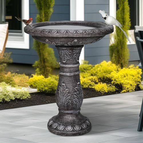 24.4" H Cement Bird Bath for Garden- Fibre Reinforced Concrete Bird Baths for Outdoors, Large Size Vintage Carved Pedestal Birdbath for Patio, Yard, Lawn -20”Dia. X 24.4”H Bird Fountain by Unknown