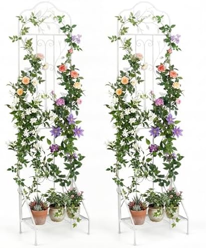 Giantex Metal Garden Trellis for Climbing Plants Set 2, 75" x 20" Outdoor Rose Trellis w/Foldable Bottom, Freestanding Plant Support for Vines, Flowers, Vegetables & Fruits, Patio Lawn Garden, White by Giantex