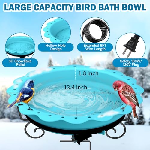 Heated Bird Bath for Deck Railing, 100W Heated Birdbath for Outdoors, Blue - Image 2