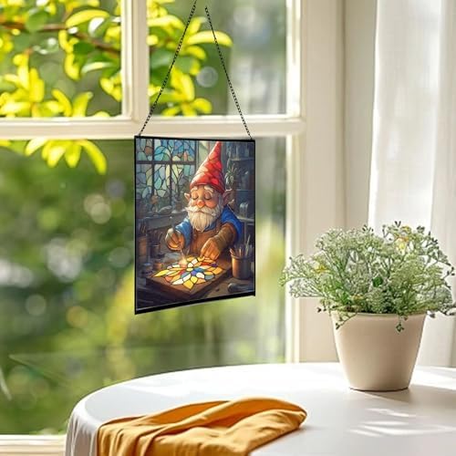 Suncatcher Maker Gnome Stained Glass Suncatcher – Square Hanging Window Panel for Home or Greenhouse – Whimsical Glass Art Gift for Garden Lovers, Christmas, Halloween, Father Days ceft0Z - Image 3