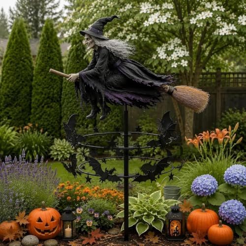 The Enchanted Witch Garden Wind Spinner, Metal Halloween Yard Art, Outdoor Garden Stake Decoration, Halloween Decorations Outdoor with Flying Witch Kinetic Bat Ring, for Garden Patio Pathway (1PCS) - Image 4