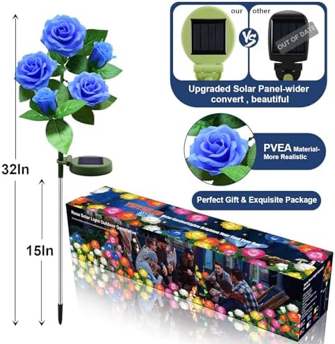 Solar Flower Lights Outdoor - Upgraded New Material Two Modes Realistic LED Solar Powered Waterproof Lights with 5 Roses, Solar Decorative Stake Lights for Garden (Multicolor, 4 Pack) - Image 2