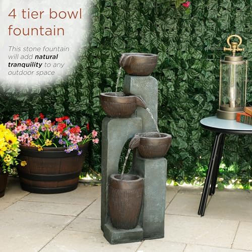 Alpine Corporation TZL396 31" 4 Tier Bowls Cascading Fountain with LED Lights, Elegant Outdoor Water Feature for Garden, Patio, Yard & Outdoor Spaces, Relaxing Waterfall Fountain, Gray - Image 4