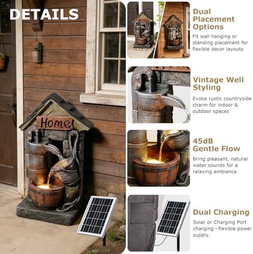 28.7" H Solar Outdoor Water Fountain,3-Tier Solar Powered Rustic Barrel Pump Water Fountain Cascading Waterfall Fountains Outside for Garden, Patio, Backyard, Porch/Two Placement Options - Image 5