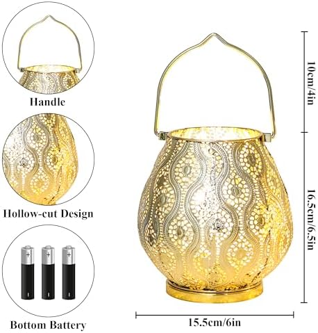 TRIROCKS Set of 2 Moroccan Decorative Lamps 8'' High Cordless Lamp Metal Table Lamps with Fairy Lights Bulb for Home Living Room Garden Yard Party Events Tabletop Indoor Outdoor(Gold) - Image 2