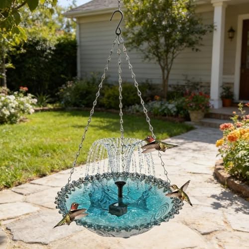 Solar Bird Bath Fountain, Hanging Outdoor Bird Bath with Solar Powered Pump, Weather-Resistant Glass Bowl Fountain, Multi-Spray Modes for Garden, Patio, Backyard, Attracts Birds (Pink) - Image 5