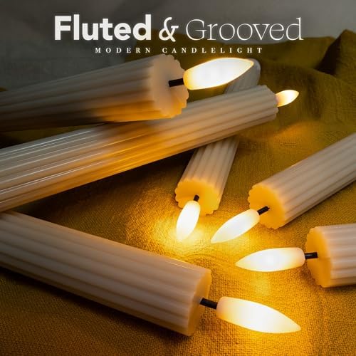 12 Pack, 10" LED Flameless Real Wax Cream Beige Fluted Ribbed Grooved Taper Candles, Remote & 24h Timer Memory, On/Off Button, Dimmable, Flicker Mode, Battery Operated, Wedding - Image 2