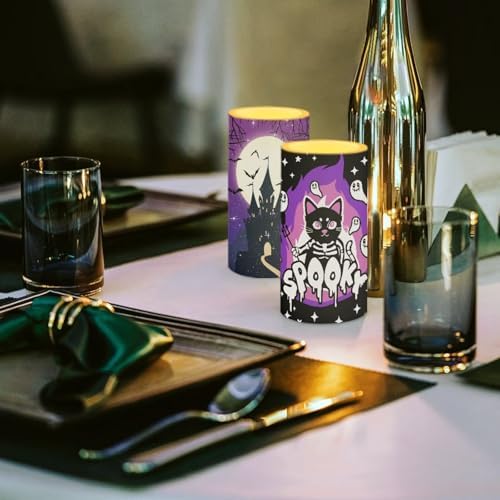 Halloween Day Flameless Candles with Remote and Timers Battery Operated Candles for Indoor Outdoor Trick or Treat Day Home Party Dinner Decorations, Black Cat Bat Castle - Image 4