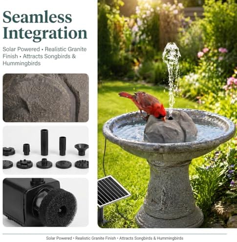 Solar Rock Fountain for Bird Bath, Realistic Granite Rock Solar Bird Bath Fountain, Outdoor Water Pump with Nozzles Stone Resin Bubbler for Garden Pond Patio Yard Decor (White) - Image 3