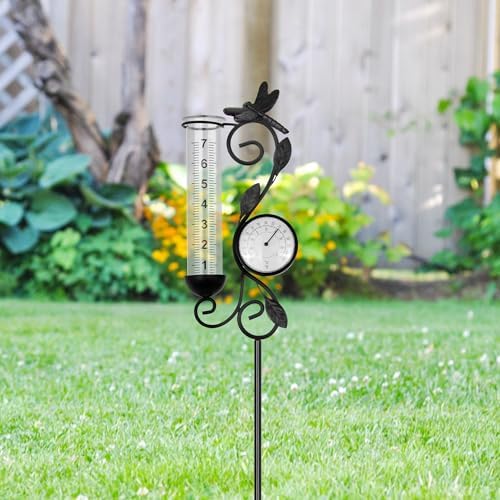 36in Dragonfly Rain Gauge Thermometer Black Metal Garden Stake Decor - Image 7