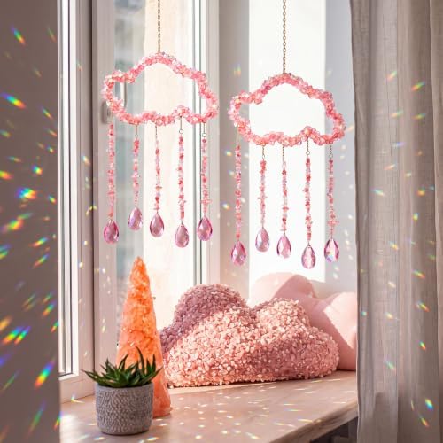 Suncalla 2 Pcs Crystal Suncatchers for Window Pink Clouds Boho Decor Hanging Sun Catcher Making Rainbow Artificial Crystal Prisms Wind Chime with Chain for Garden Home Wedding Ornament Gift - Image 5