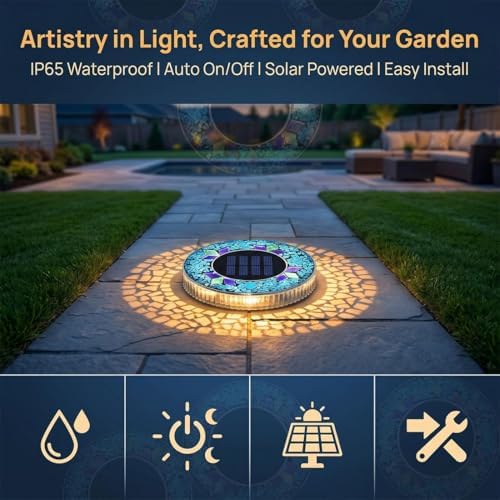 Colorful Mosaic Solar Disk Light,Waterproof Outdoor Glass LED Garden Stake Lighting(Blue,2) - Image 5