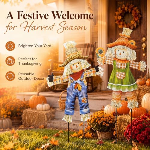 Shimeyao 2 Pcs Metal Fall Outdoor Decorations Autumn Scarecrow Yard Stakes - Image 4