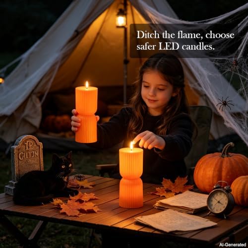 9 Pcs Ribbed Flameless LED Pillar Candles with Remote, Battery Operated Flickering Fake Candles for Wedding Fireplace Halloween Christmas Decor, Orange - Image 3