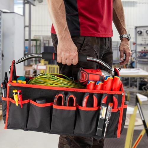 HAUTMEC 16" Foldable Tool Tote Bag, Open Top Tool Bag with Stiff Frame, 16-Pockets Electrician Tool Bag with Padded Steel Handle, Shoulder Strap & Water-Resistant Hard Base – TB0002 - Image 6